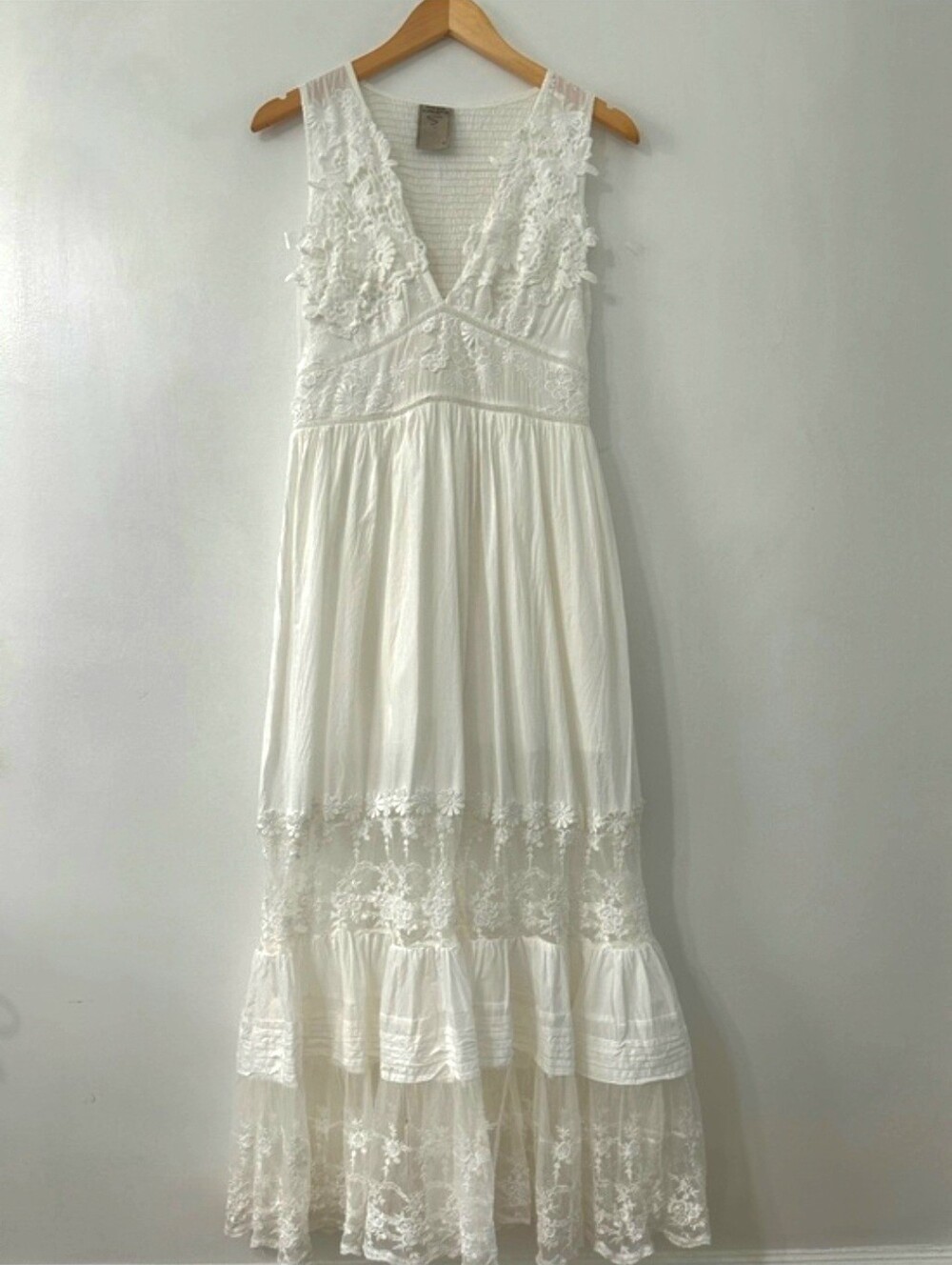 White Lace Bohemian Maxi Dress Tiered Smocked Empire Waist Embroidered Bridal